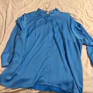 Blue satin button down shirt